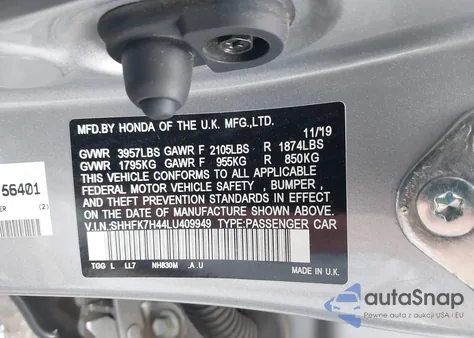 2020 Honda Civic Sport from USA, damaged, VIN SHHFK7H44LU409949